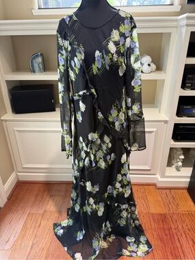 Glamorous Sheer Maxi Flowy Dress Black Floral 14 Ruffles w Long Slip ASOS